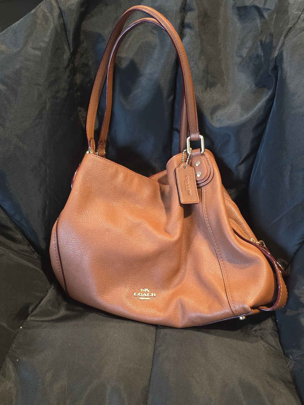 Coach Tan Pebbled Leather Shoulder Bag with Gold Hardware